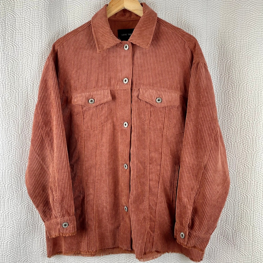 Love Tree Womens Terracotta Rust Corduroy Shacket Raw Hem Button Up Jacket Large